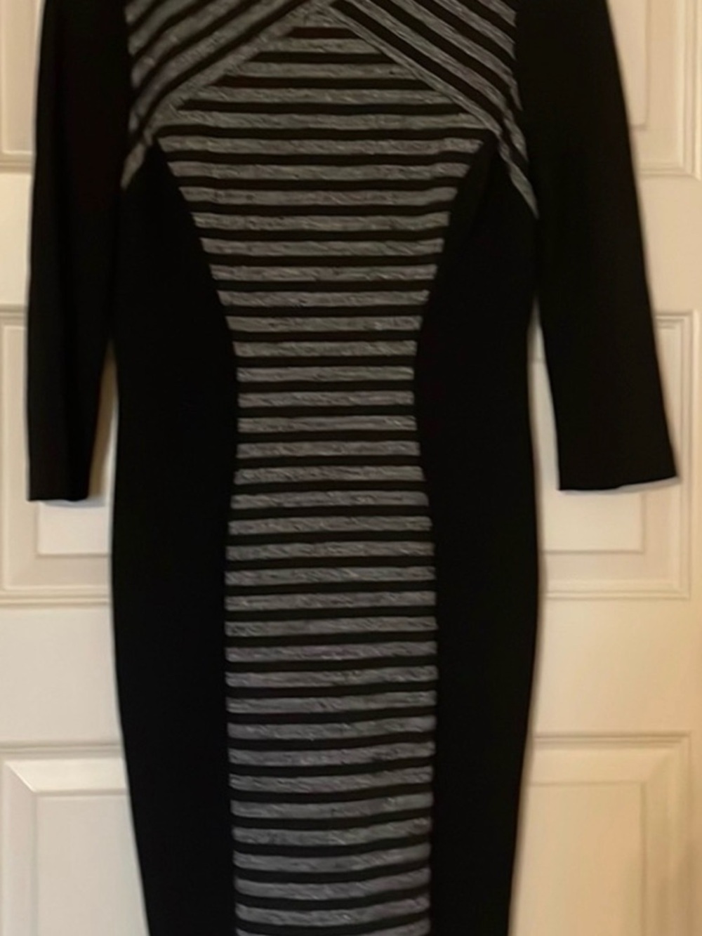 Antonio Melani Black and Gray Striped Ponte Sheath Dress